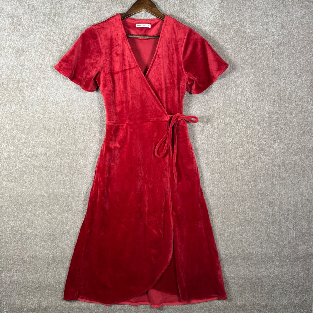 Marine Layer Velvet Wrap Dress Women XS Red Holiday Flutter Sleeve Midi Stretch - Picture 2 of 14